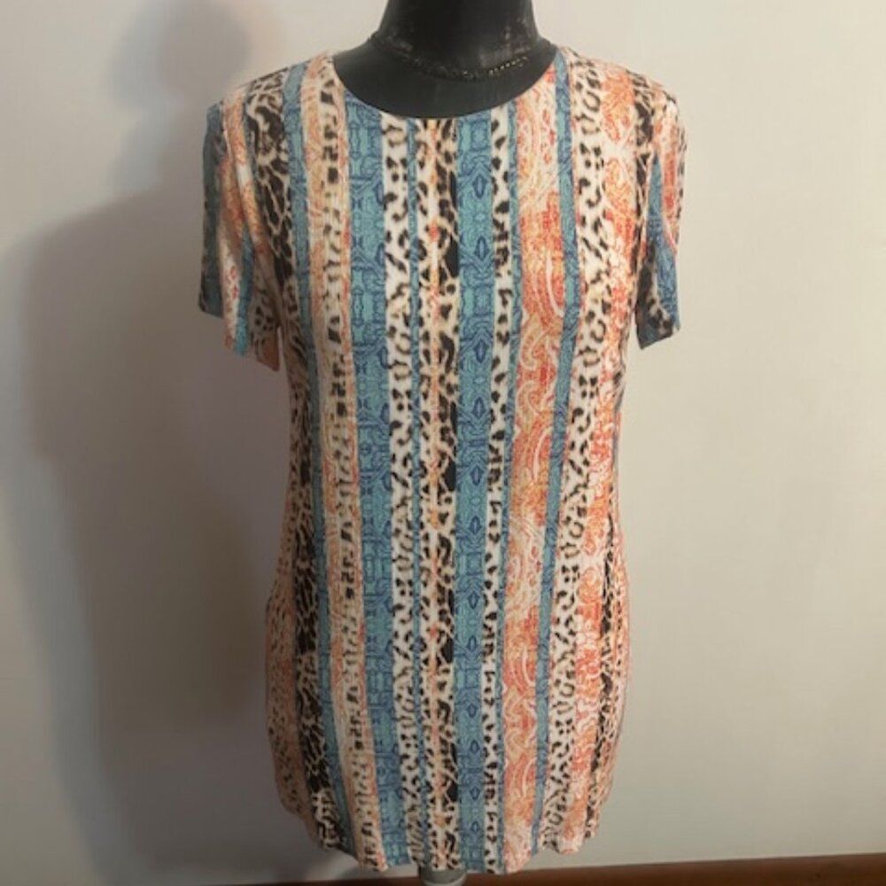 Olivaceous Blue/Brown/Orange Horizontal stripe animal print shift dress, size M